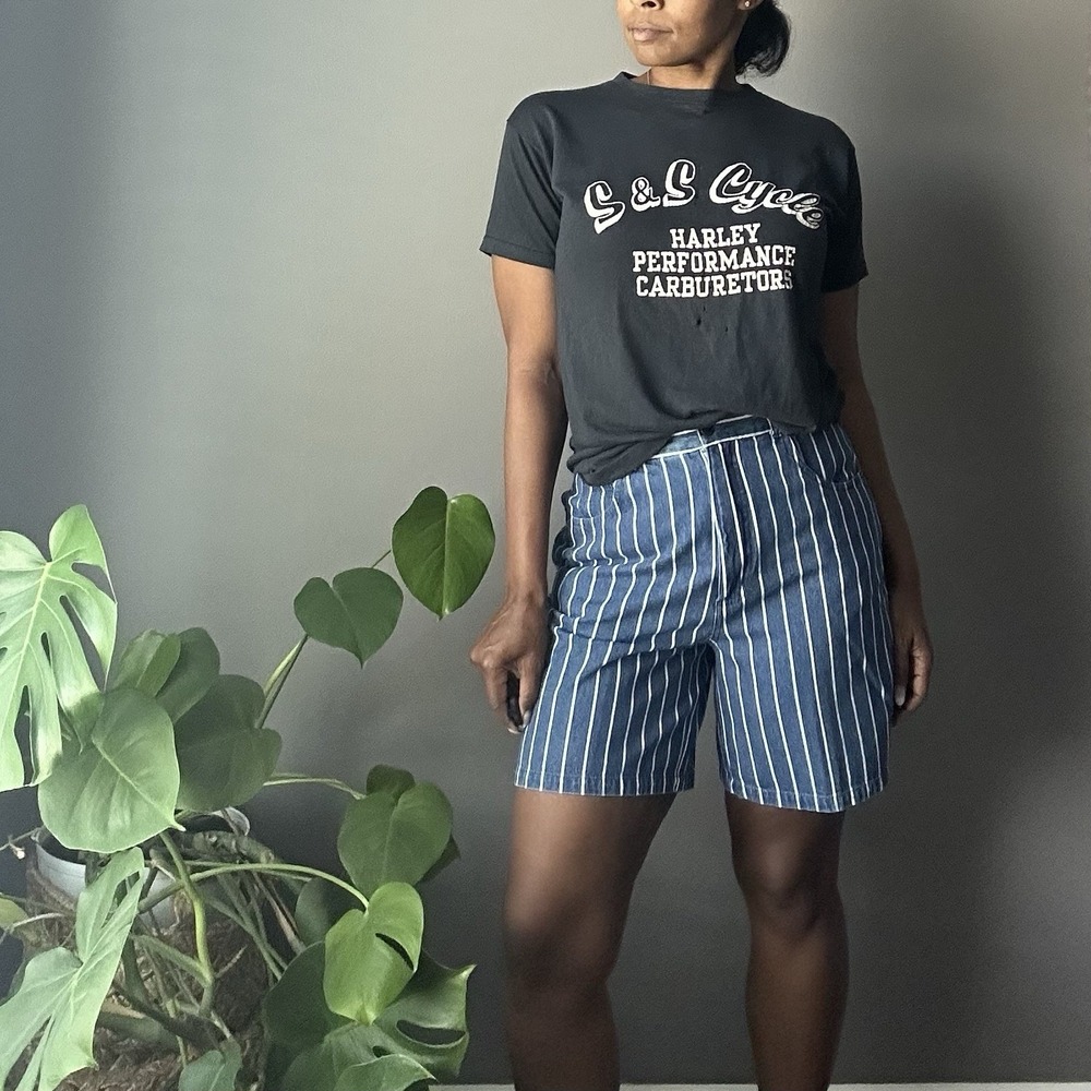 Vintage Copper Key Jean Mom Shorts Womens Size 13 Blue Striped Denim High Rise